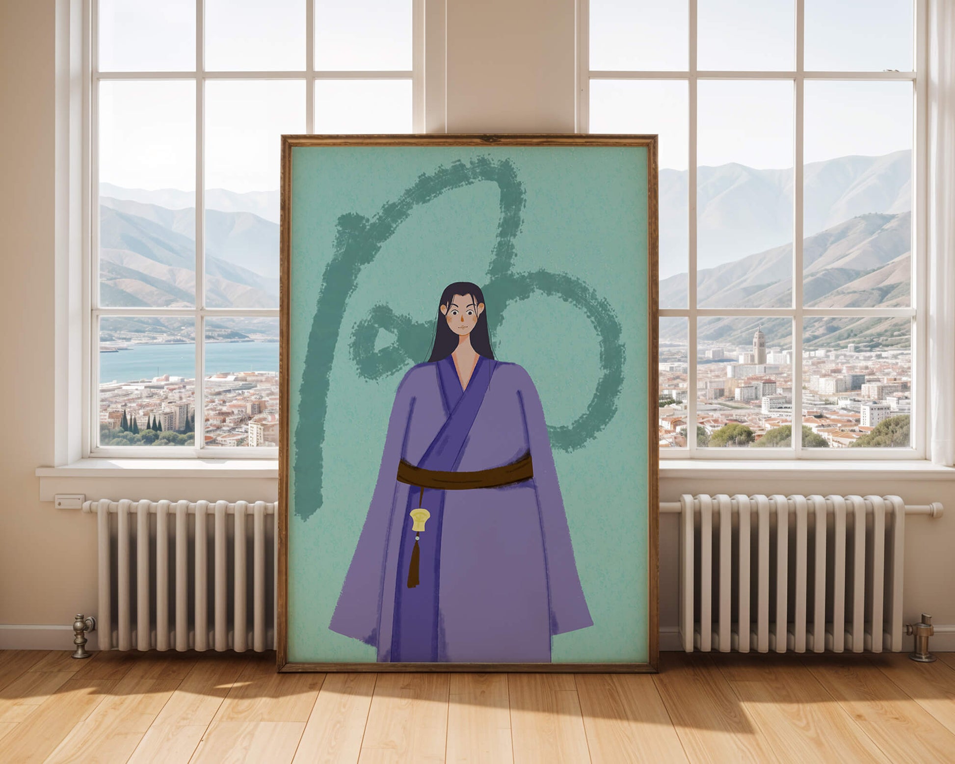 Character in traditional attire on textured background