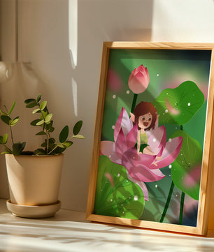 Charming fairy sitting on a blooming pink lotus in a magical garden