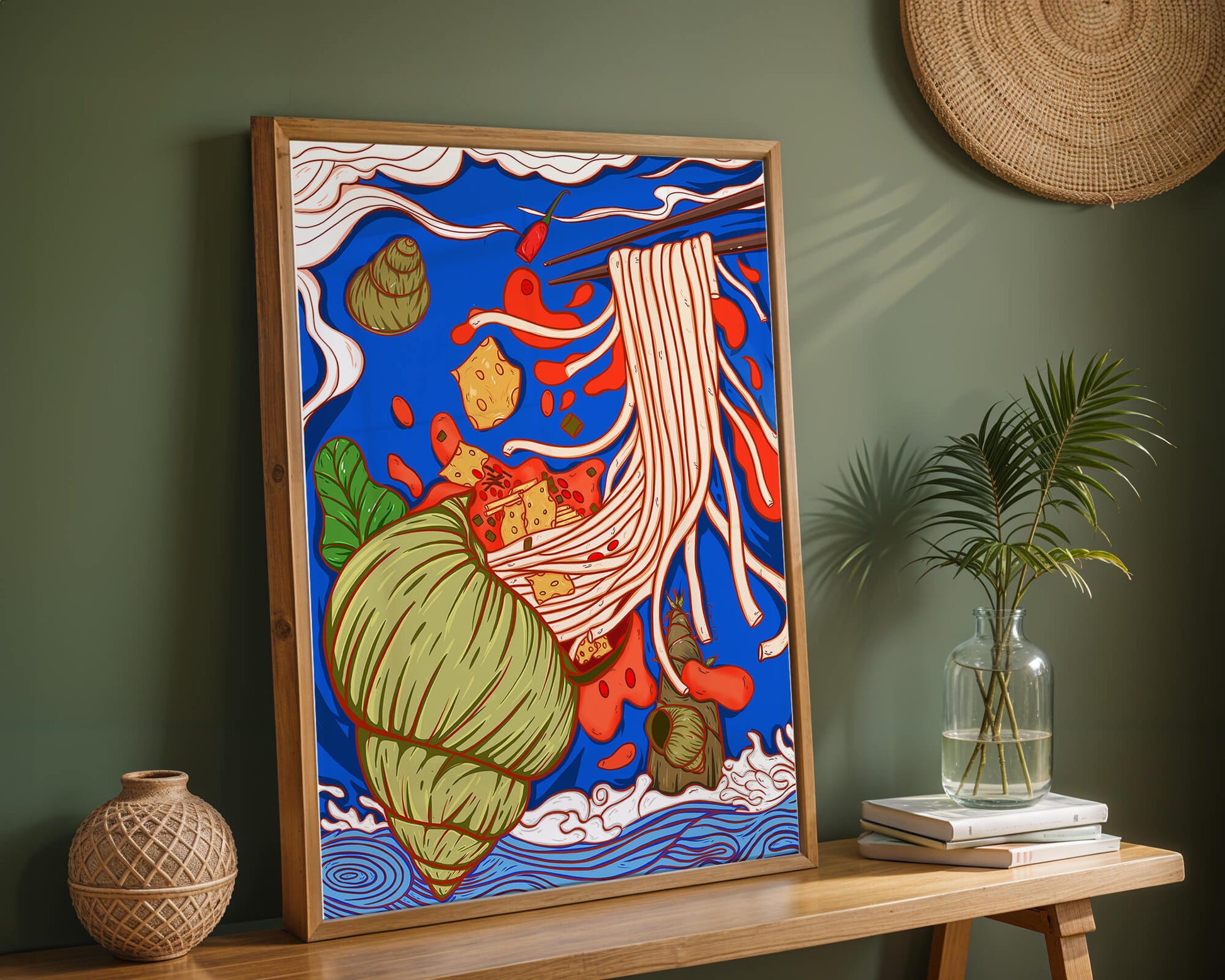 Ilustración intrincada de fideos con colores vibrantes y elementos detallados