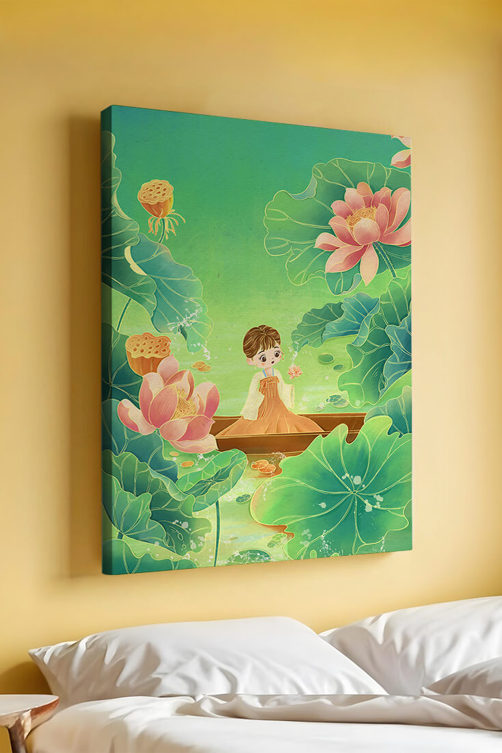 Serene illustration with girl among lotus flowers and green leaves