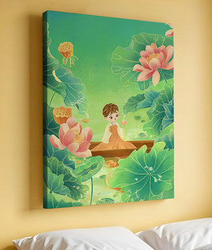 Serene illustration with girl among lotus flowers and green leaves