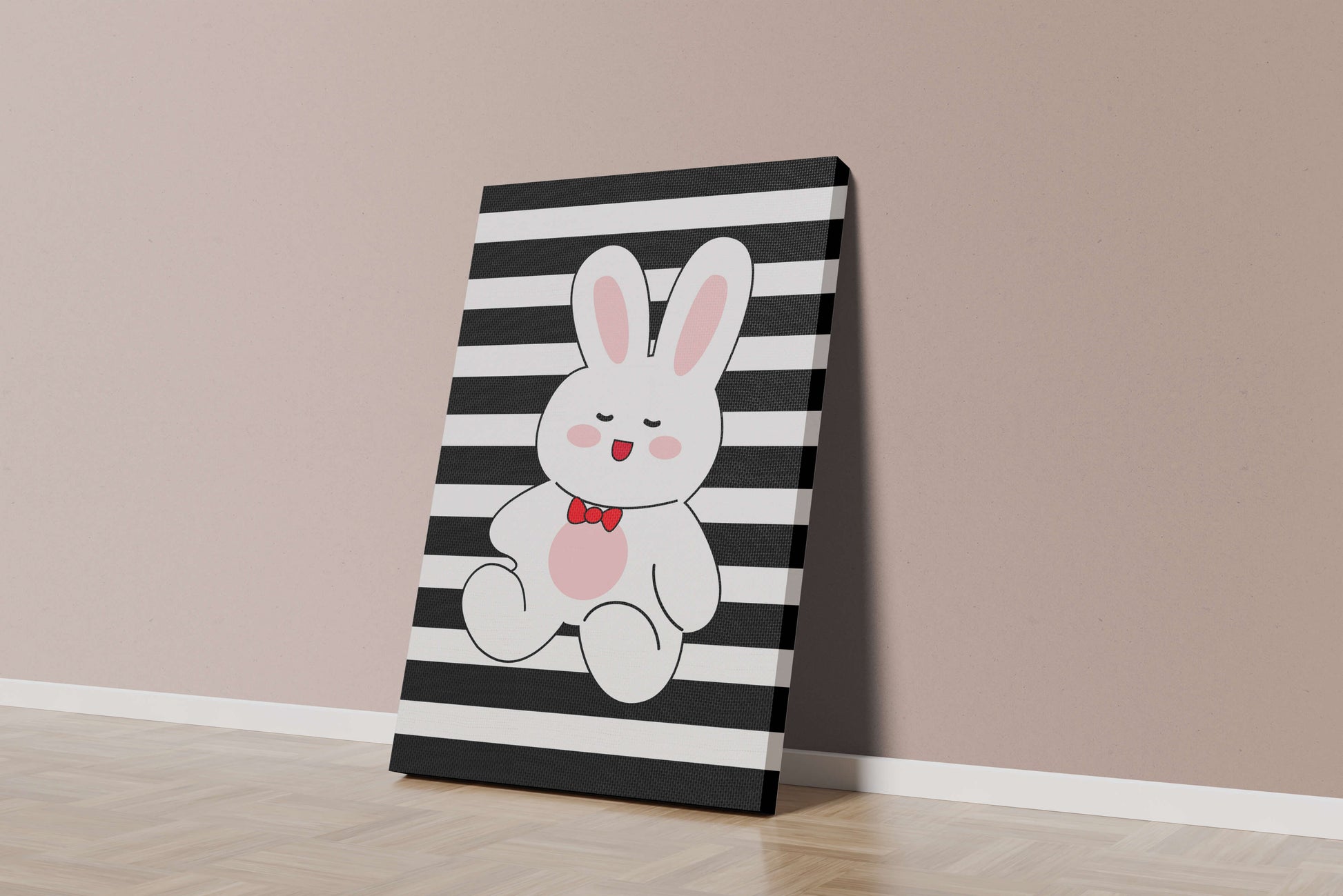 Adorable cartoon bunny with bold stripes and a red bow tie