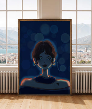 Illustration d'une femme avec des lumières bokeh et des boucles d'oreilles élégantes