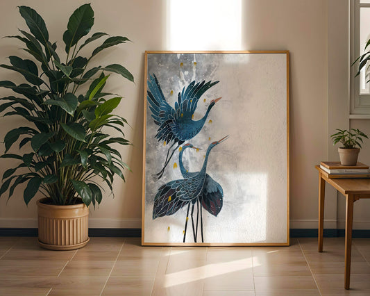 Elegant blue cranes in a serene abstract background with golden accents