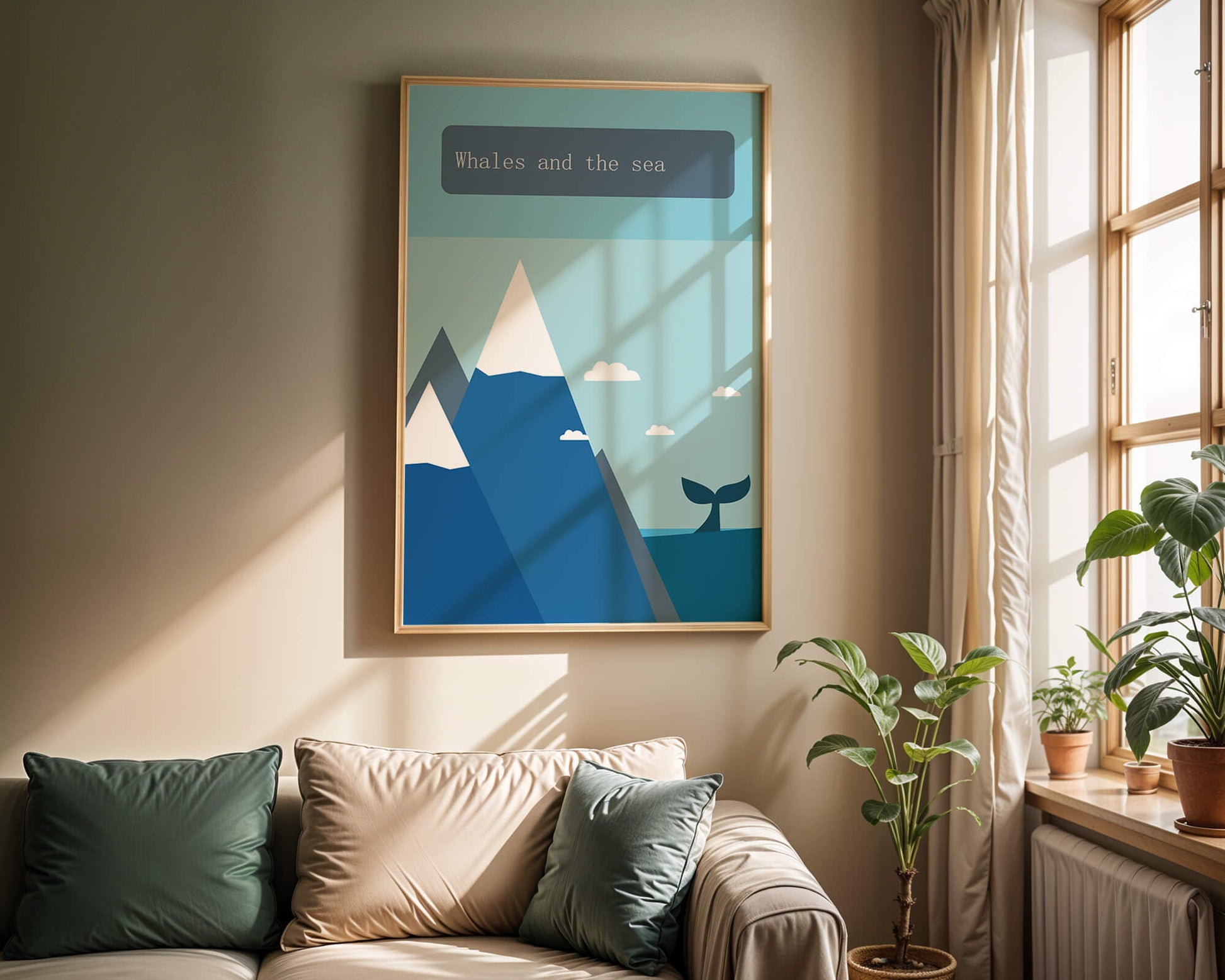 Whale and mountain illustration with sea and sky background