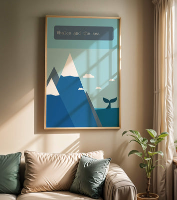Whale and mountain illustration with sea and sky background