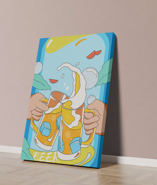 Colorful Illustration of Two Clinking Beer Mugs with Ice Cubes and Citrus Slices