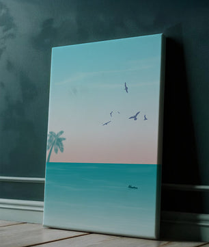 Serene Beach Landscape with Palm Trees and Seagulls at Sunset