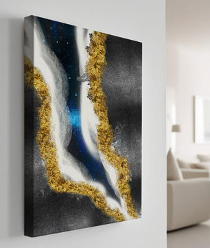 Abstract flowing design with gold, blue, and white textures