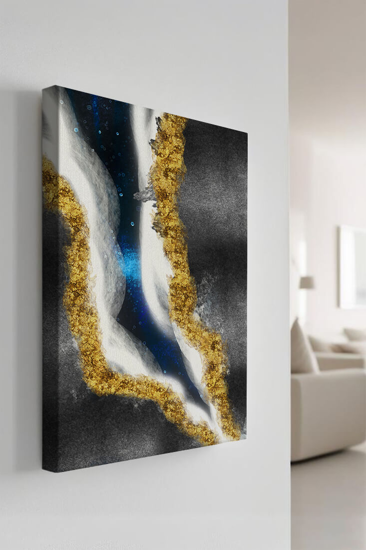 Abstract flowing design with gold, blue, and white textures