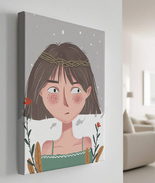 Illustrated girl with a braided crown, floral accents, and expressive features