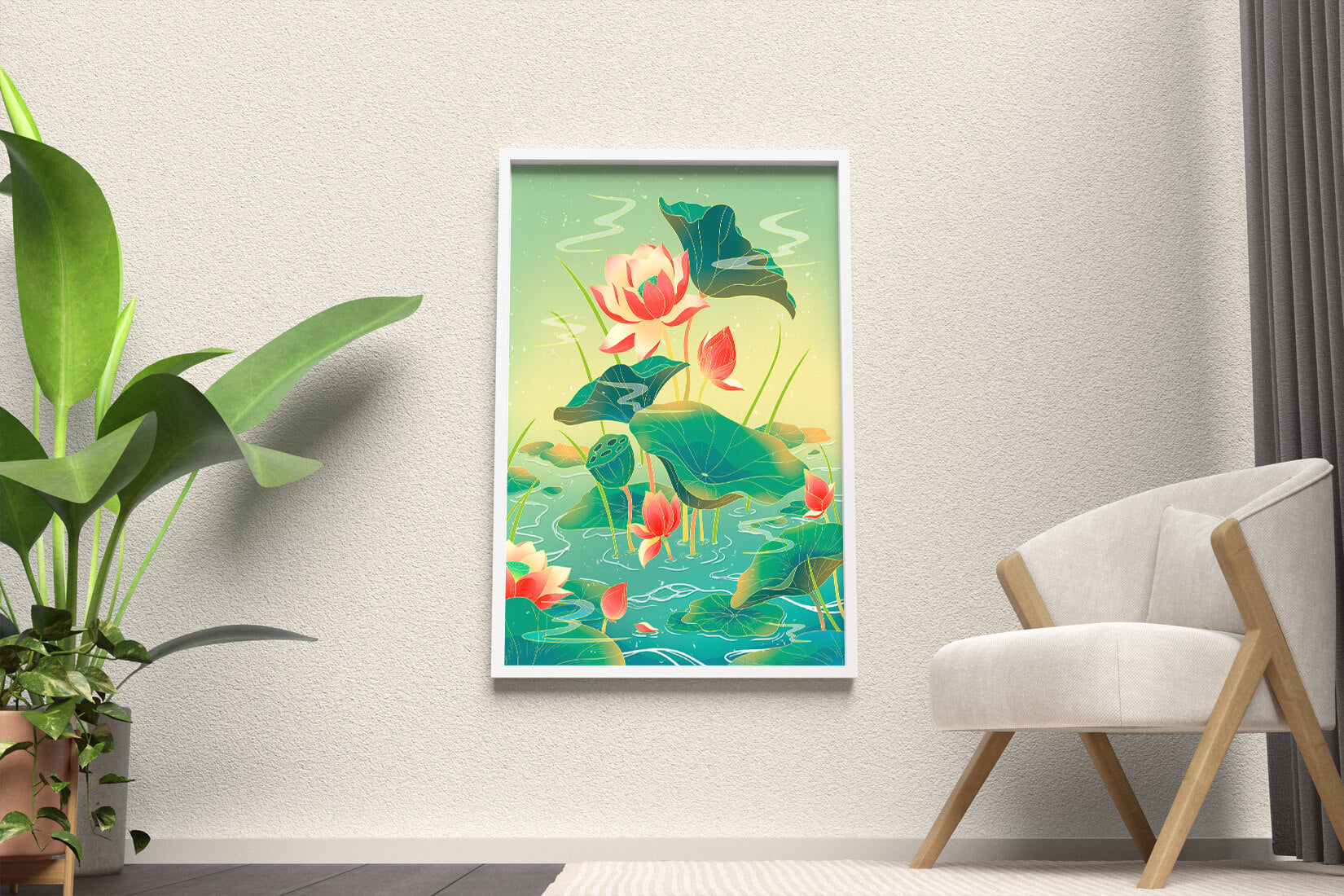 Serene lotus pond with vibrant lilies and lush green leaves