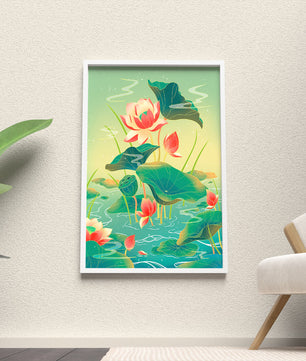 Serene lotus pond with vibrant lilies and lush green leaves