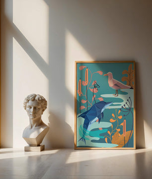 Geometric Dolphin and Seagull with Floral Elements in Abstract Nature