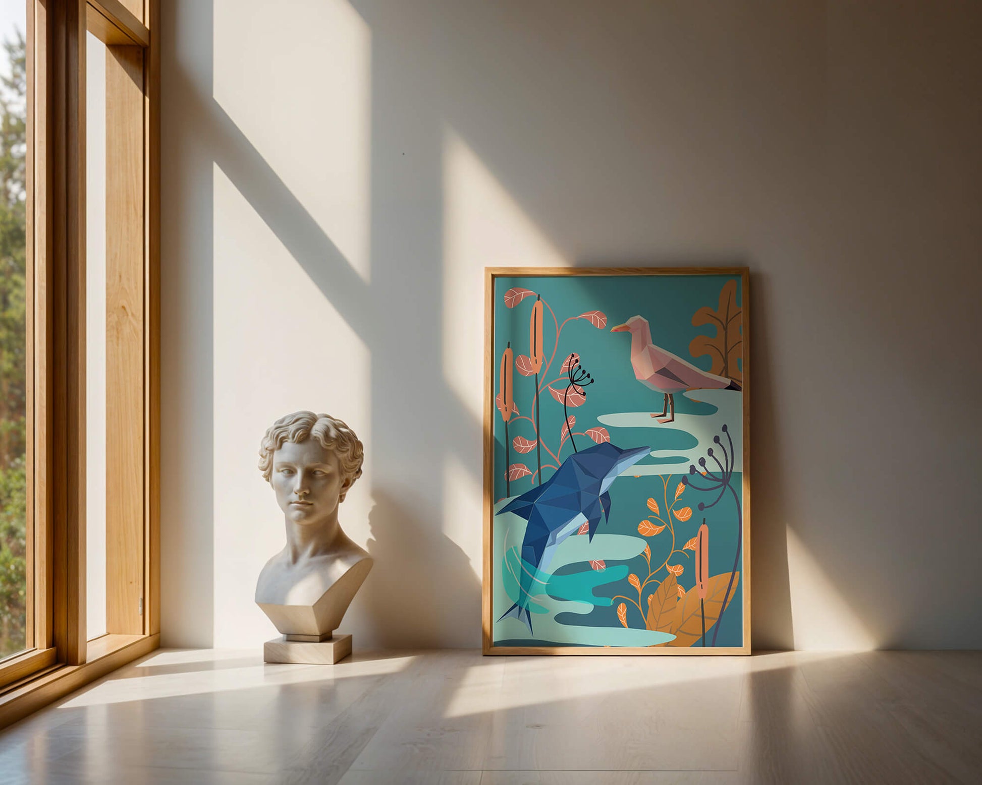 Geometric Dolphin and Seagull with Floral Elements in Abstract Nature