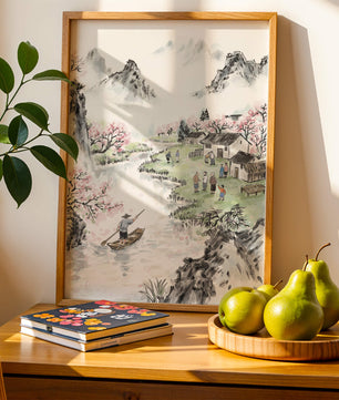 Idyllic Village Scene with Cherry Blossoms and a River