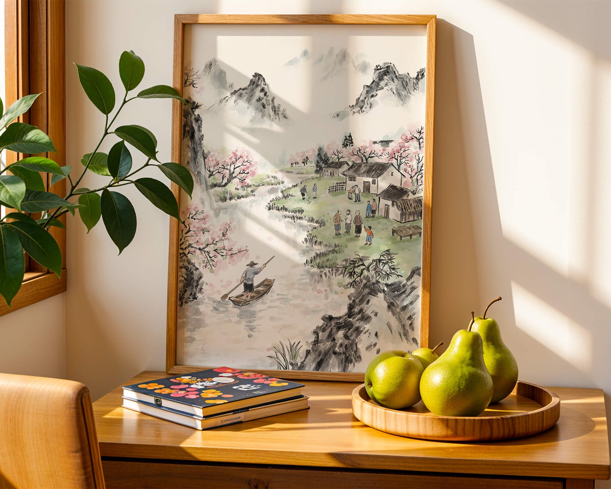 Idyllic Village Scene with Cherry Blossoms and a River