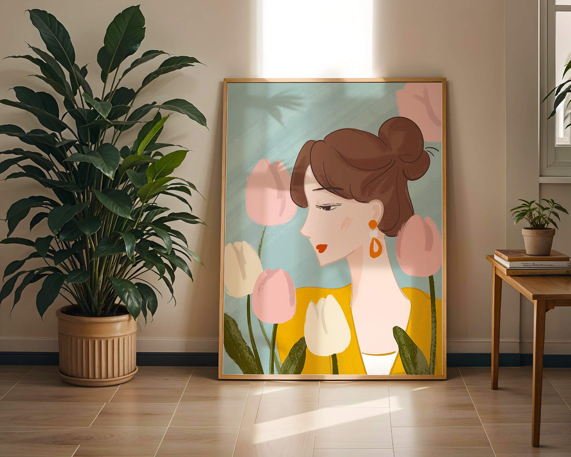 Serene woman surrounded by pastel tulips illustration
