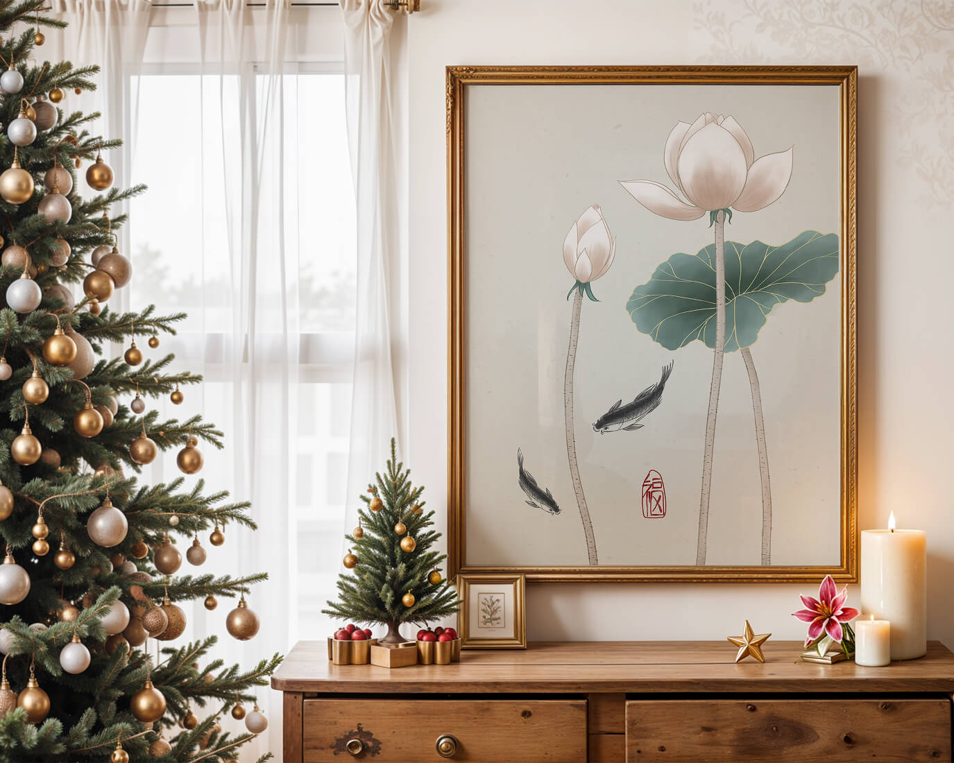 Lotus flowers and koi fish in minimalist Asian art illustration