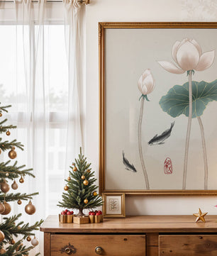 Fleurs de lotus et carpes koï dans une illustration d’art asiatique minimaliste