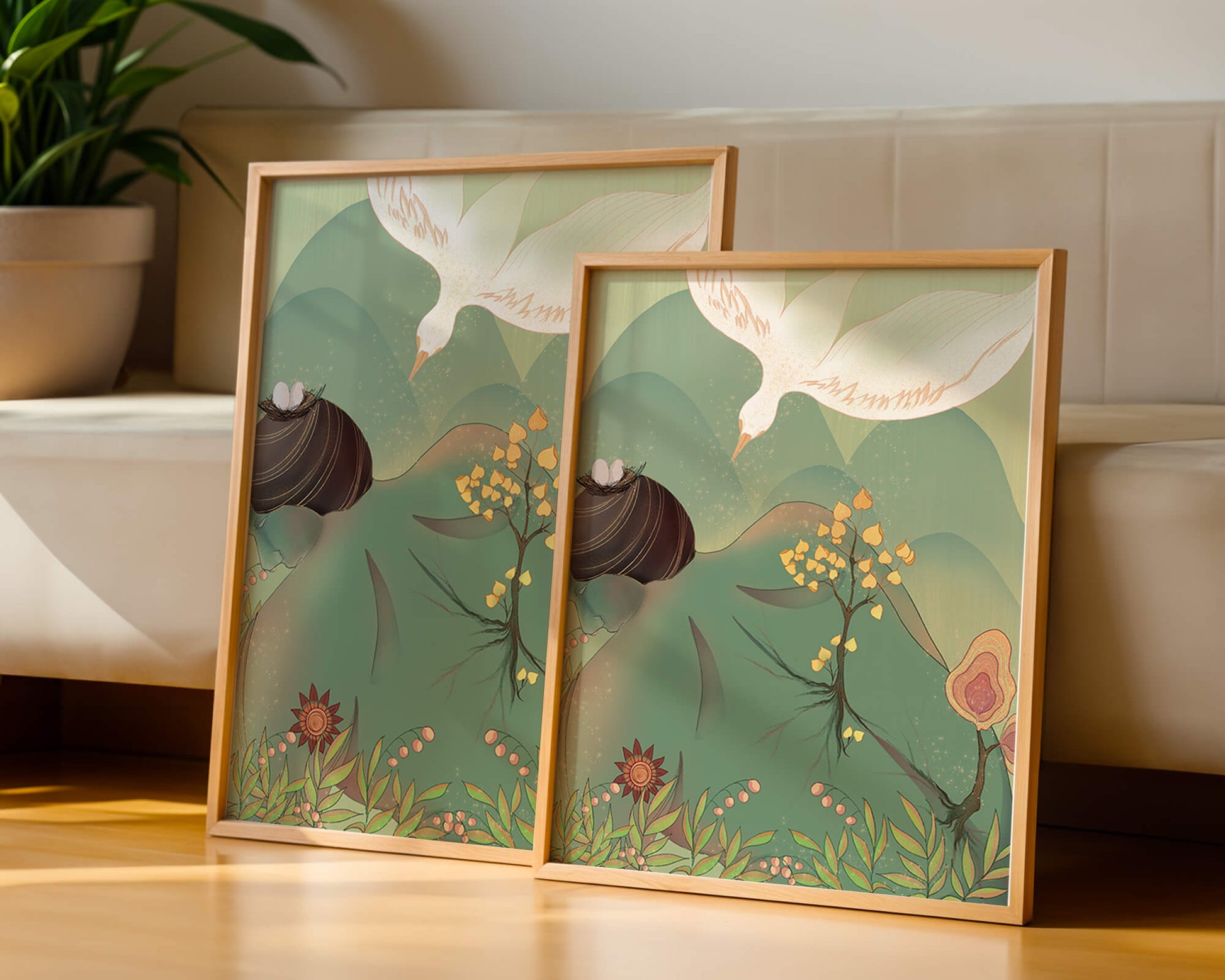 Dreamy nature-inspired illustration with bird and plant elements