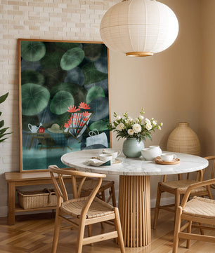 Garden Scene with Flowers, Table, and Chair in a Leafy Backdrop