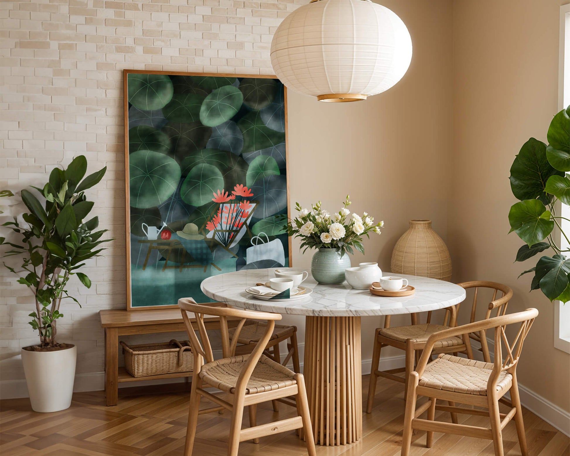 Garden Scene with Flowers, Table, and Chair in a Leafy Backdrop