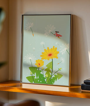 Whimsical illustration of a girl flying with dandelions in a colorful floral scene