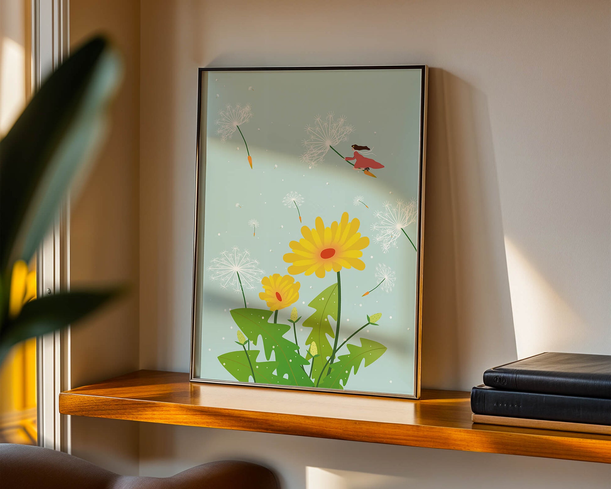 Whimsical illustration of a girl flying with dandelions in a colorful floral scene