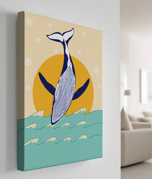 Ilustración de una ballena saltando sobre las olas con un fondo de sol