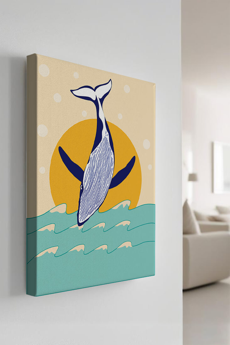 Illustration of a whale jumping over waves with sun backdrop