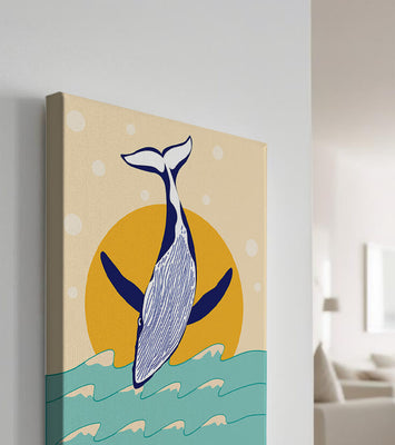 Illustration of a whale jumping over waves with sun backdrop