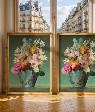 Floral arrangement in a decorative vase on a green background