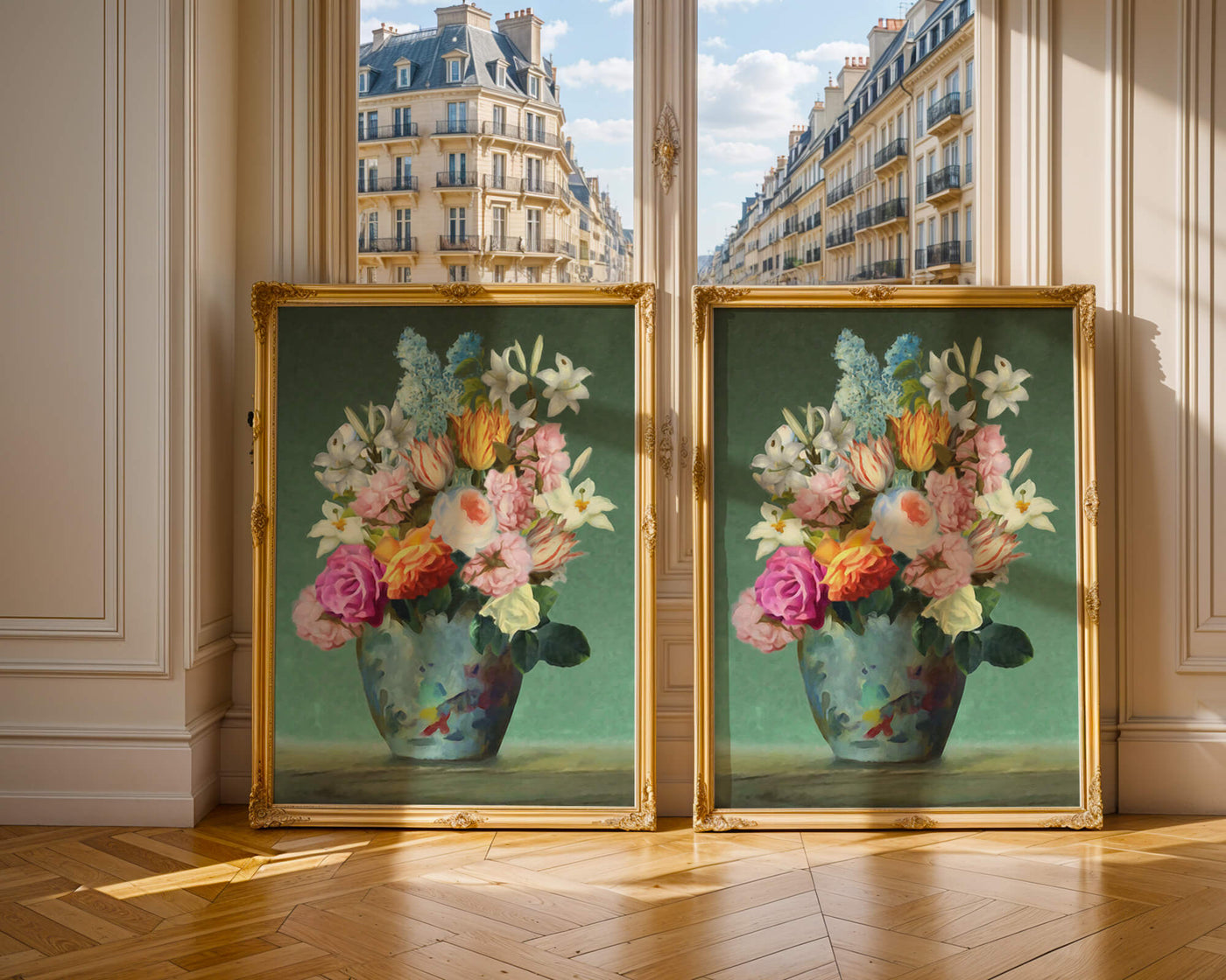Floral arrangement in a decorative vase on a green background