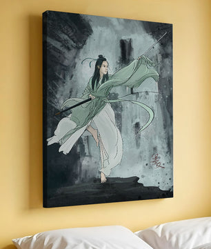 Dynamic illustration of a warrior in flowing robes with a spear