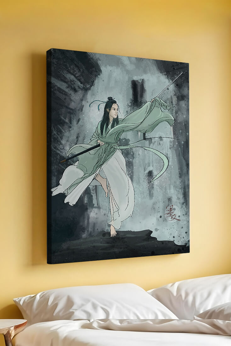 Dynamic illustration of a warrior in flowing robes with a spear