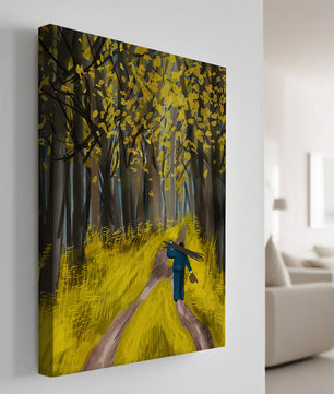 Man Walking Through a Sunny Forest with Golden Leaves