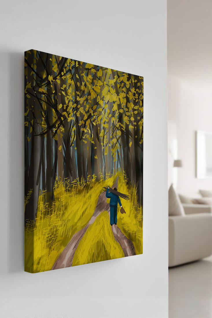 Man Walking Through a Sunny Forest with Golden Leaves