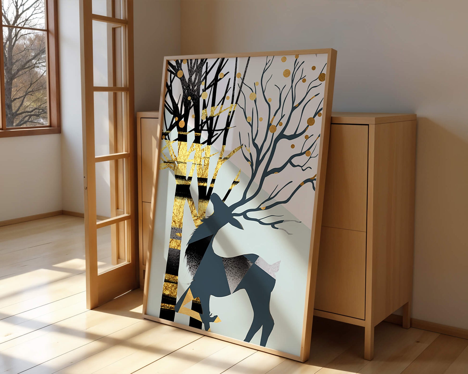 Abstract Deer Silhouette with Golden Accents and Trees