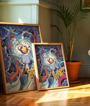 Exploration cosmique colorée avec personnages animés et formes géométriques