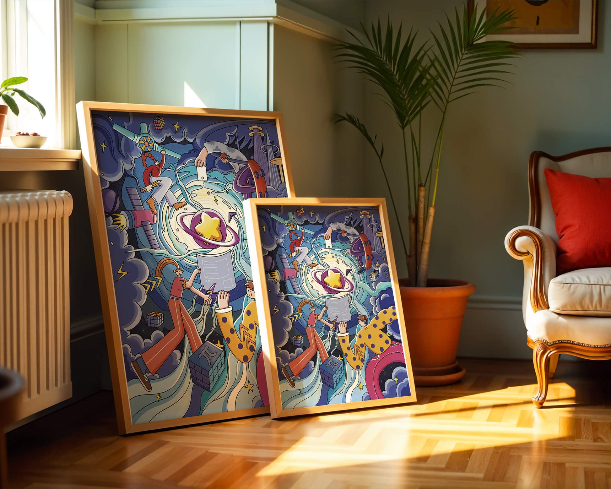 Colorful Cosmic Exploration with Animated Characters and Geometric Shapes