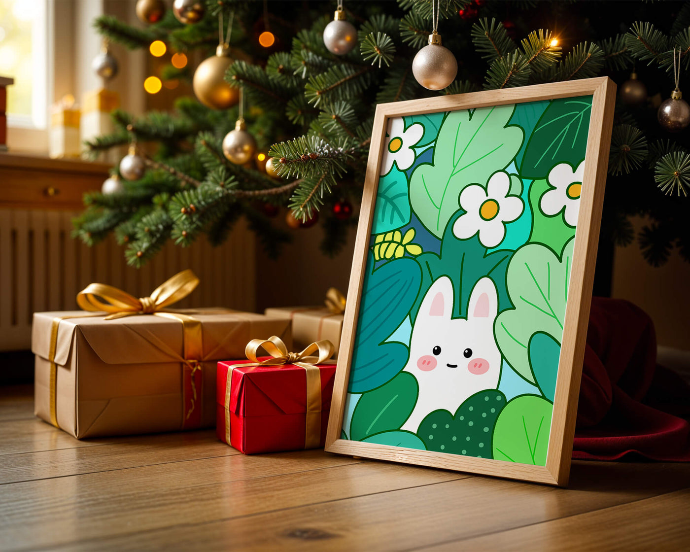 Illustration of a cute rabbit hidden among flowers and greenery