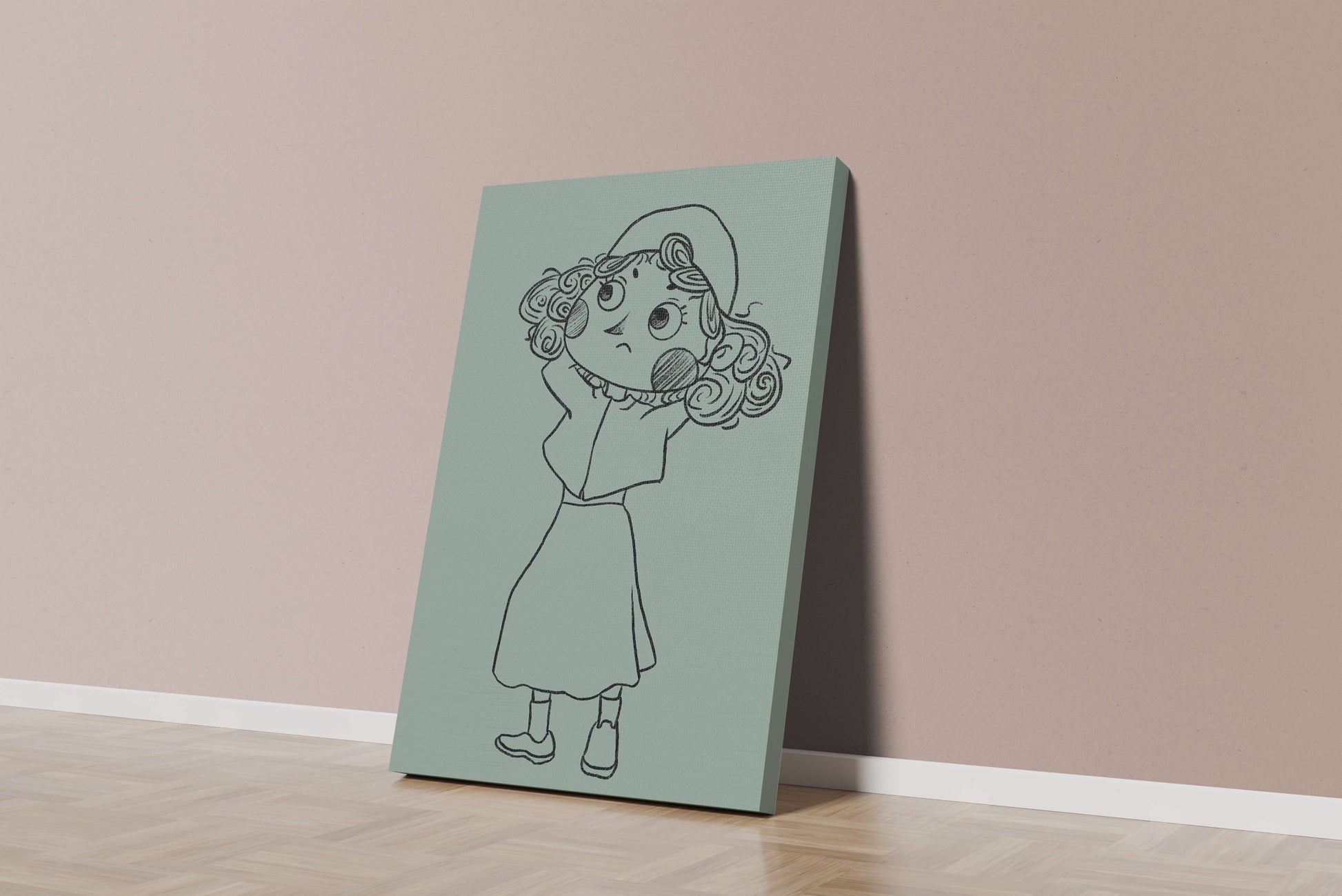 Ilustración a mano de un personaje de dibujos animados pensativo con cabello rizado y gorro