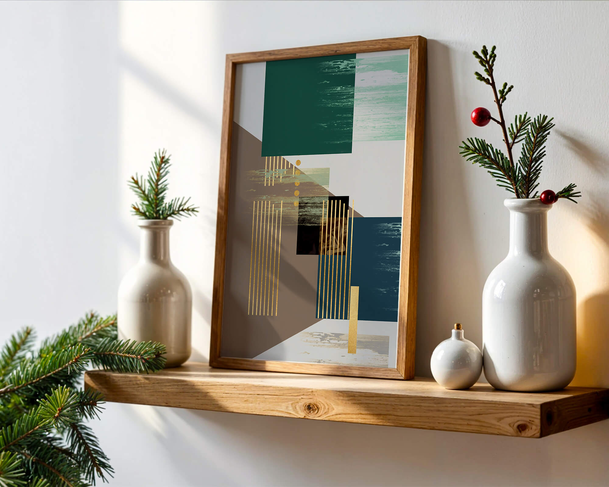 Modern Abstract Composition with Geometric Shapes and Gold Accents