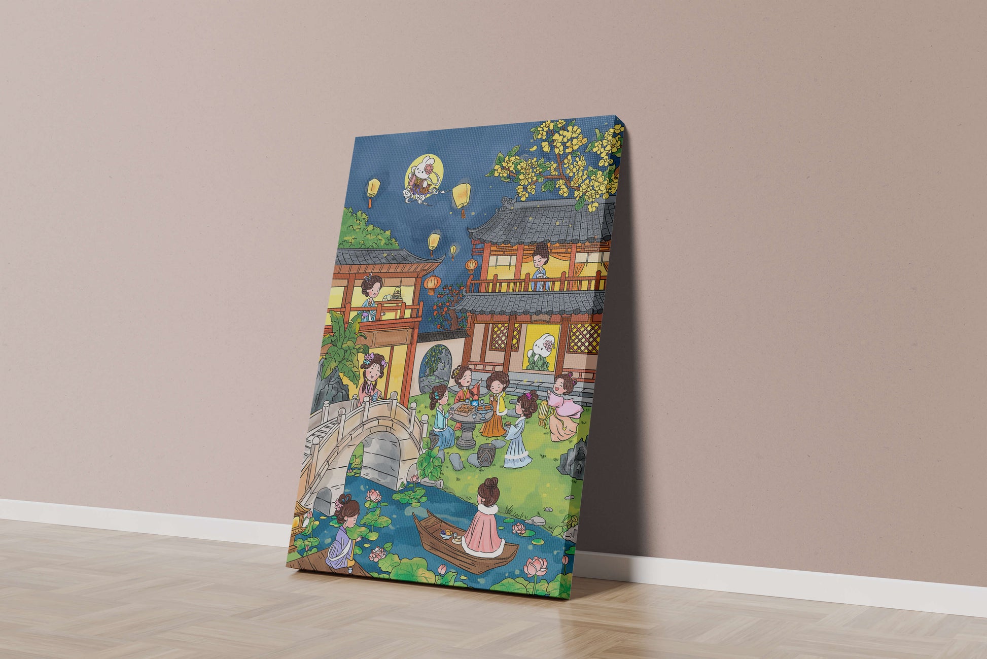 Escena de jardín chino tradicional con linternas y conejo lunar