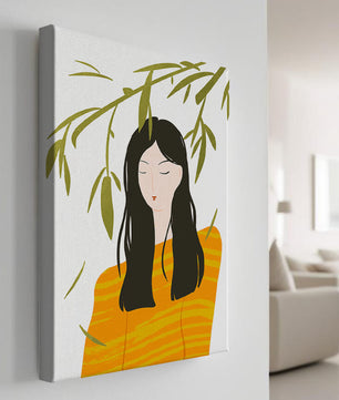 Illustration d'une femme en pull orange avec un fond de feuillage
