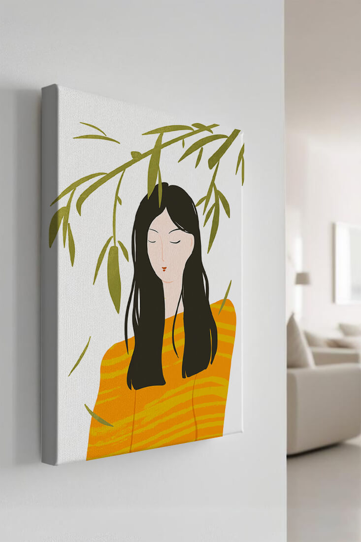 Woman in orange sweater with foliage backdrop illustration