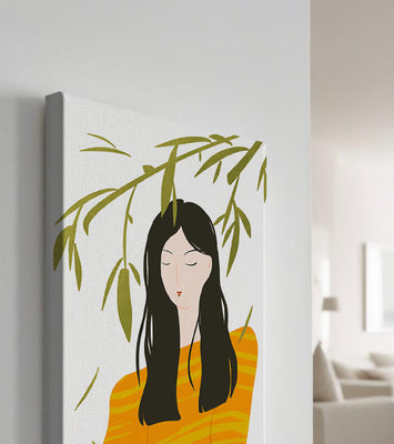 Woman in orange sweater with foliage backdrop illustration