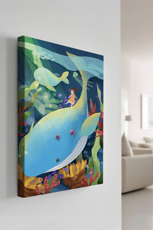 Imaginative underwater scene with a girl riding a whale and colorful sea life