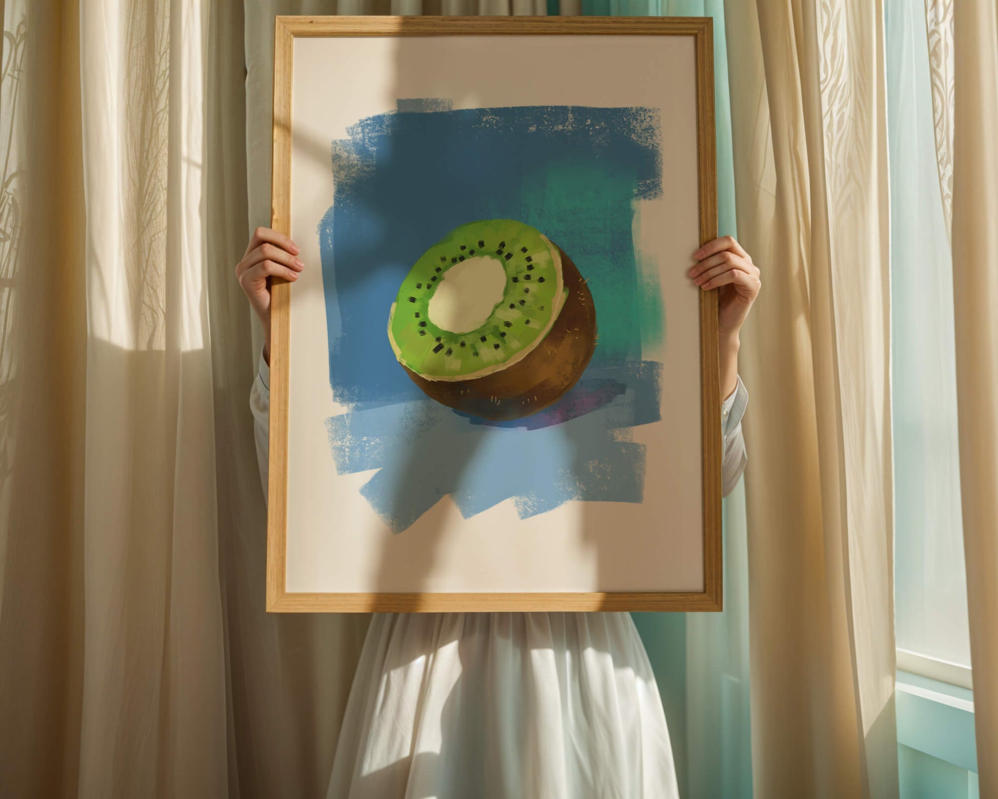 Illustration of a kiwi with a textured blue background